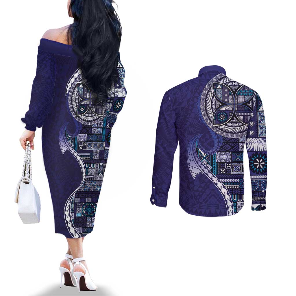 Samoan Siapo Art Tattoo Polynesian Pattern Couples Matching Off The Shoulder Long Sleeve Dress and Long Sleeve Button Shirt Navy Color LT03 - Polynesian Pride