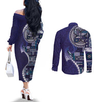 Samoan Siapo Art Tattoo Polynesian Pattern Couples Matching Off The Shoulder Long Sleeve Dress and Long Sleeve Button Shirt Navy Color LT03 - Polynesian Pride