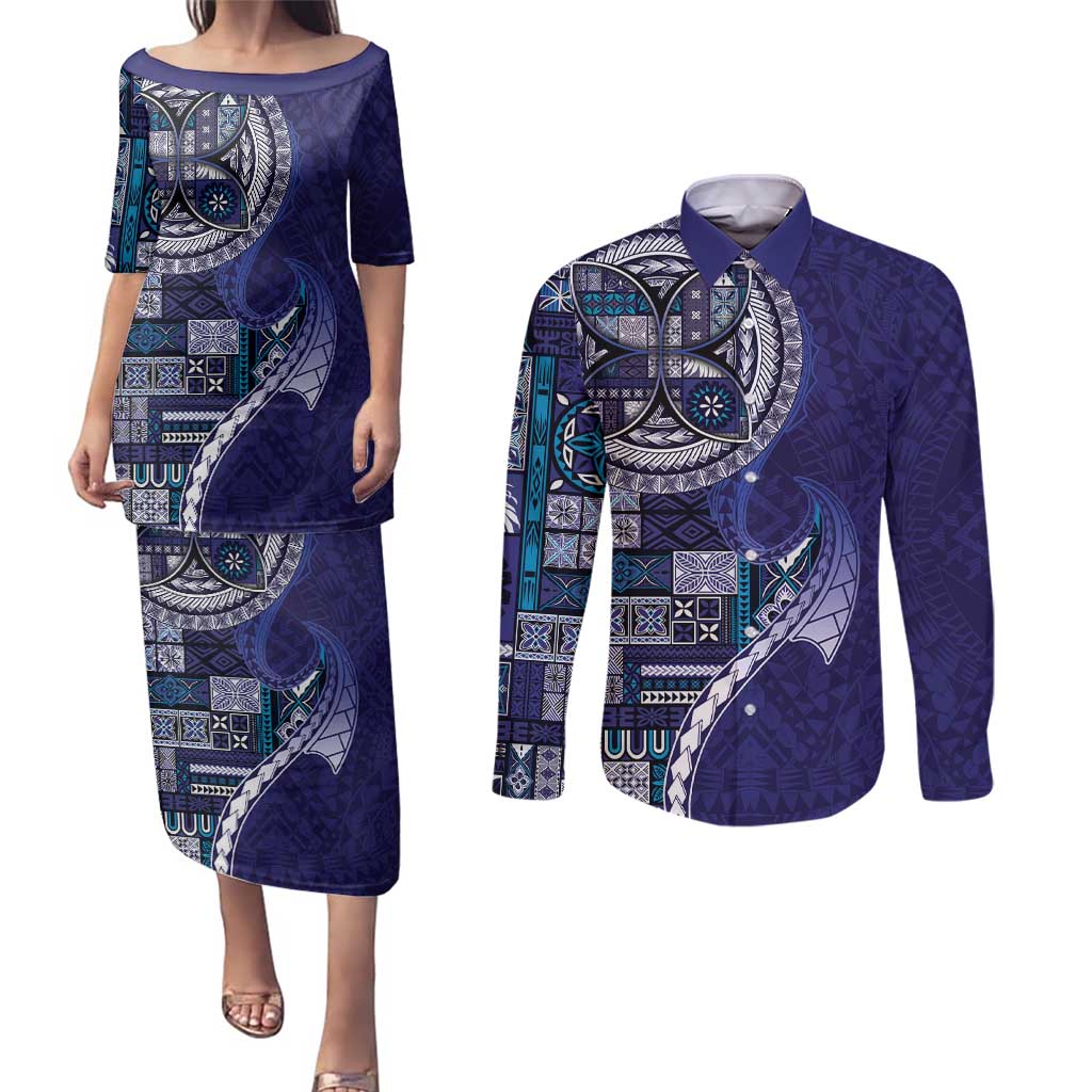 Samoan Siapo Art Tattoo Polynesian Pattern Couples Matching Puletasi and Long Sleeve Button Shirt Navy Color - Polynesian Pride