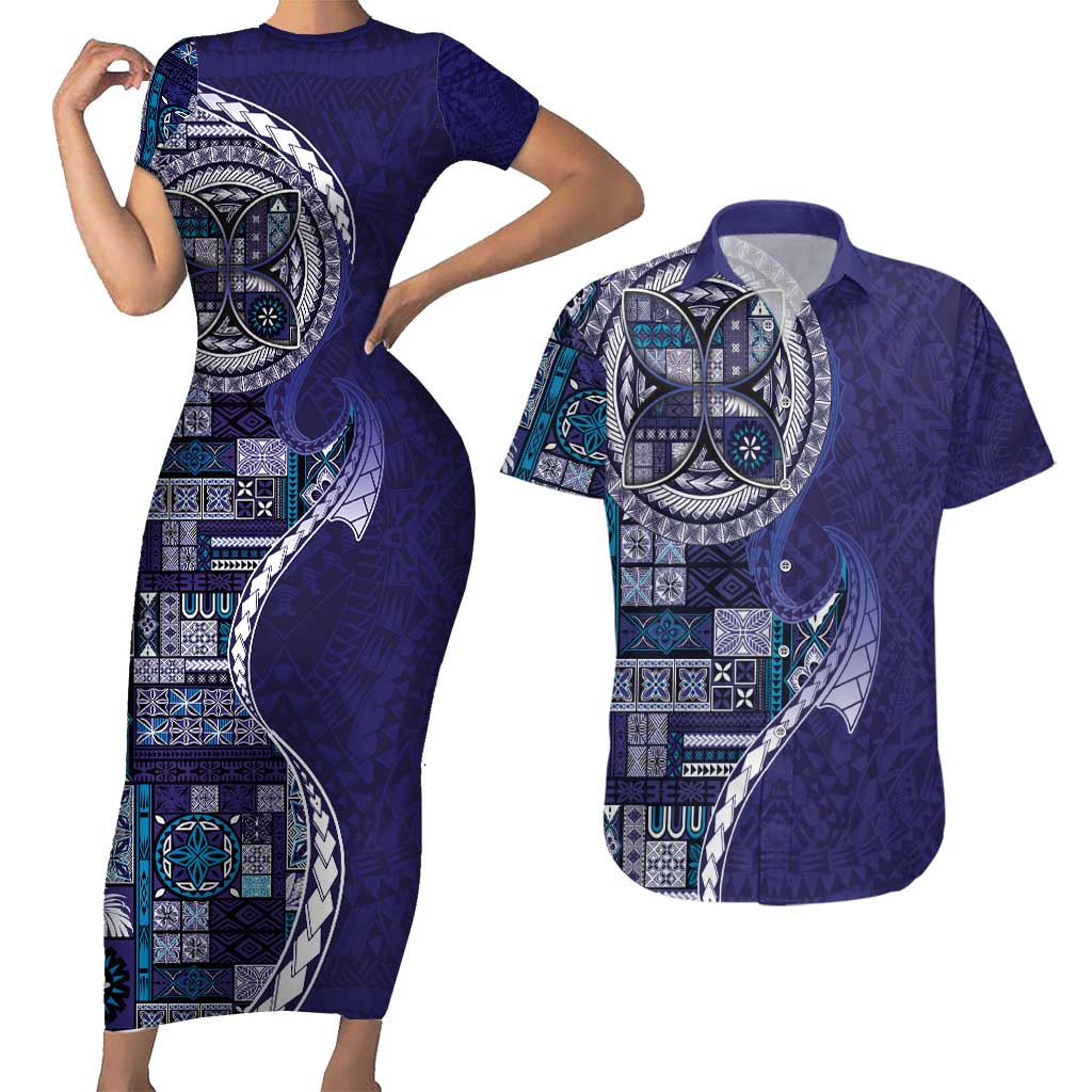 Samoan Siapo Art Tattoo Polynesian Pattern Couples Matching Short Sleeve Bodycon Dress and Hawaiian Shirt Navy Color LT03 Navy - Polynesian Pride