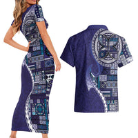 Samoan Siapo Art Tattoo Polynesian Pattern Couples Matching Short Sleeve Bodycon Dress and Hawaiian Shirt Navy Color LT03 - Polynesian Pride