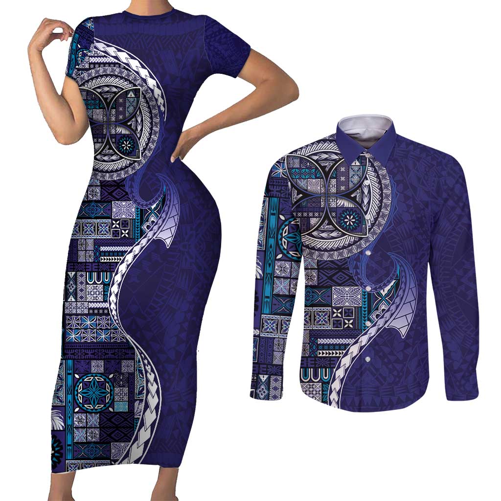 Samoan Siapo Art Tattoo Polynesian Pattern Couples Matching Short Sleeve Bodycon Dress and Long Sleeve Button Shirt Navy Color LT03 Navy - Polynesian Pride