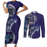 Samoan Siapo Art Tattoo Polynesian Pattern Couples Matching Short Sleeve Bodycon Dress and Long Sleeve Button Shirt Navy Color LT03 Navy - Polynesian Pride