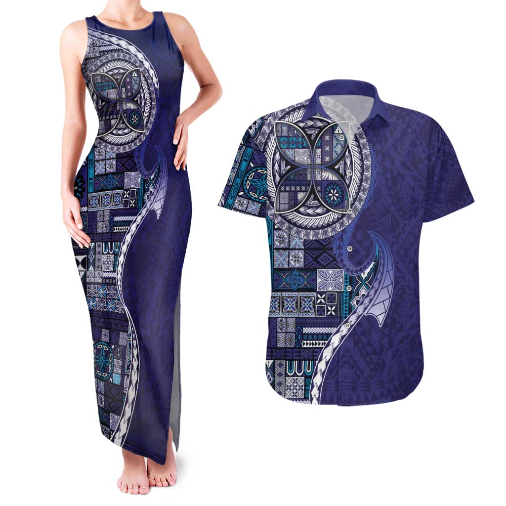 Samoan Siapo Art Tattoo Polynesian Pattern Couples Matching Tank Maxi Dress and Hawaiian Shirt Navy Color - Polynesian Pride