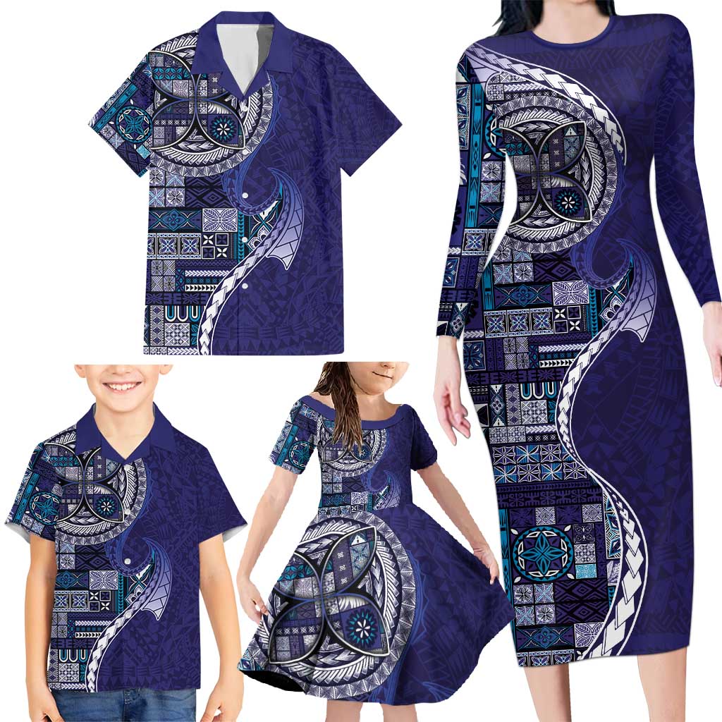 Samoan Siapo Art Tattoo Polynesian Pattern Family Matching Long Sleeve Bodycon Dress and Hawaiian Shirt Navy Color LT03 - Polynesian Pride