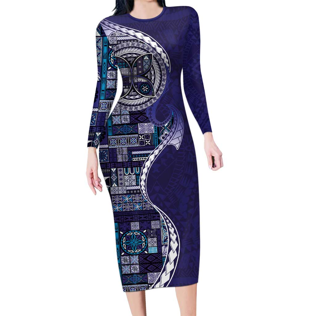 Samoan Siapo Art Tattoo Polynesian Pattern Family Matching Long Sleeve Bodycon Dress and Hawaiian Shirt Navy Color LT03 Mom's Dress Navy - Polynesian Pride