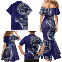 Samoan Siapo Art Tattoo Polynesian Pattern Family Matching Mermaid Dress and Hawaiian Shirt Navy Color LT03 - Polynesian Pride