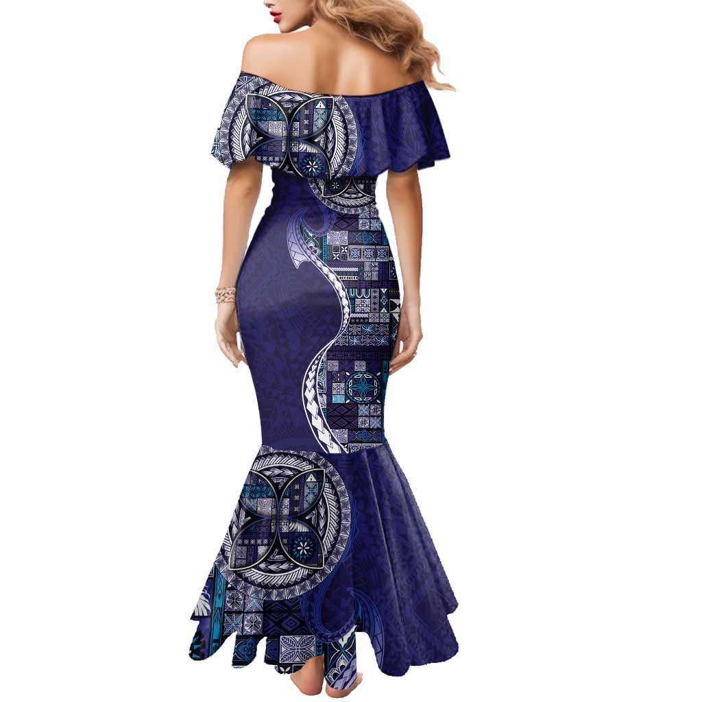 Samoan Siapo Art Tattoo Polynesian Pattern Family Matching Mermaid Dress and Hawaiian Shirt Navy Color LT03 - Polynesian Pride