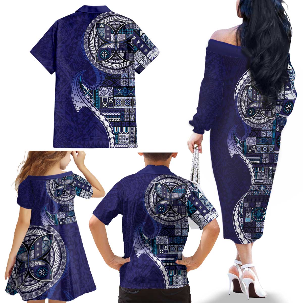 Samoan Siapo Art Tattoo Polynesian Pattern Family Matching Off The Shoulder Long Sleeve Dress and Hawaiian Shirt Navy Color LT03 - Polynesian Pride
