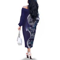 Samoan Siapo Art Tattoo Polynesian Pattern Family Matching Off The Shoulder Long Sleeve Dress and Hawaiian Shirt Navy Color LT03 - Polynesian Pride