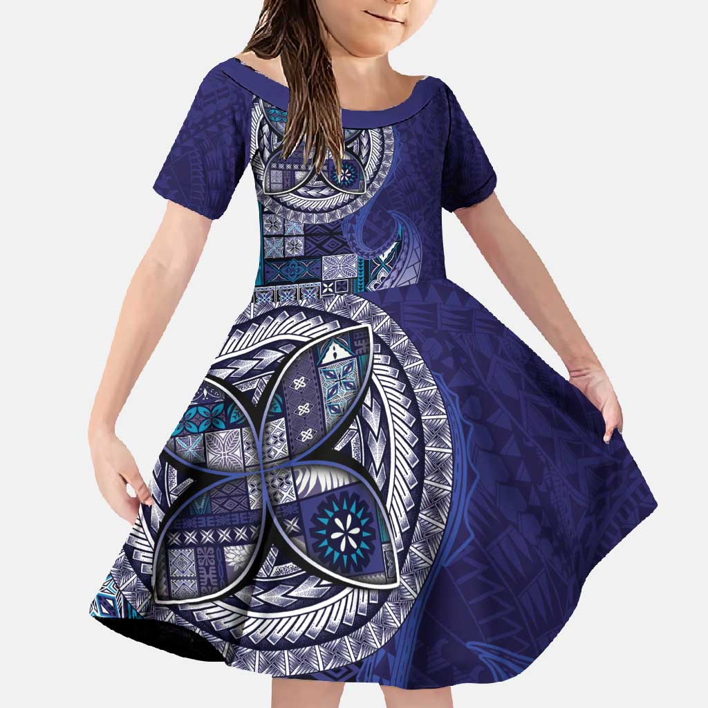 Samoan Siapo Art Tattoo Polynesian Pattern Family Matching Off Shoulder Maxi Dress and Hawaiian Shirt Navy Color LT03 Daughter's Dress Navy - Polynesian Pride