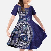 Samoan Siapo Art Tattoo Polynesian Pattern Family Matching Off Shoulder Maxi Dress and Hawaiian Shirt Navy Color LT03 Daughter's Dress Navy - Polynesian Pride
