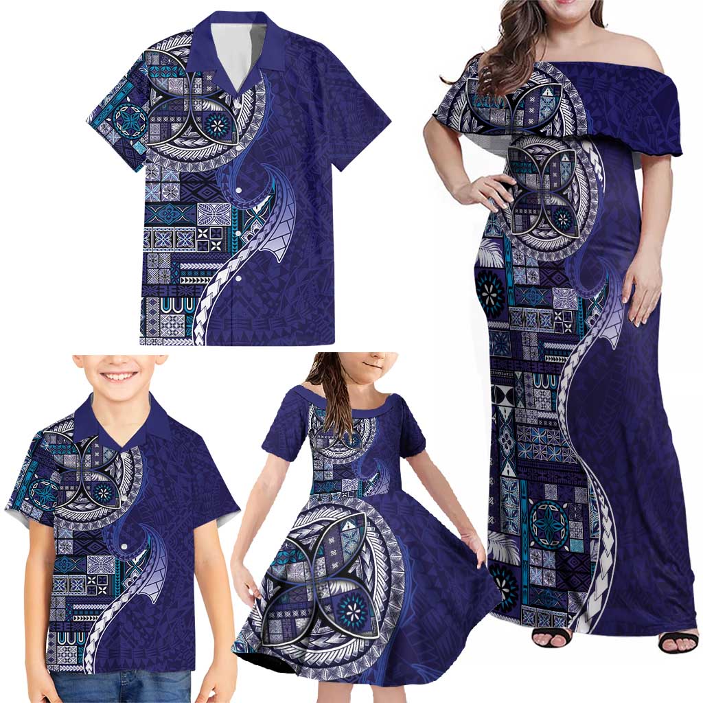 Samoan Siapo Art Tattoo Polynesian Pattern Family Matching Off Shoulder Maxi Dress and Hawaiian Shirt Navy Color LT03 - Polynesian Pride