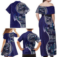 Samoan Siapo Art Tattoo Polynesian Pattern Family Matching Off Shoulder Maxi Dress and Hawaiian Shirt Navy Color LT03 - Polynesian Pride