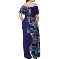 Samoan Siapo Art Tattoo Polynesian Pattern Family Matching Off Shoulder Maxi Dress and Hawaiian Shirt Navy Color LT03 - Polynesian Pride