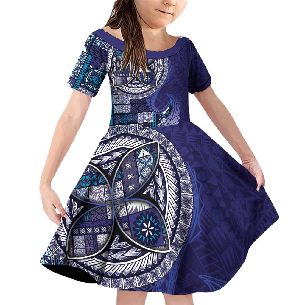 Samoan Siapo Art Tattoo Polynesian Pattern Family Matching Off Shoulder Short Dress and Hawaiian Shirt Navy Color LT03 Daughter's Dress Navy - Polynesian Pride