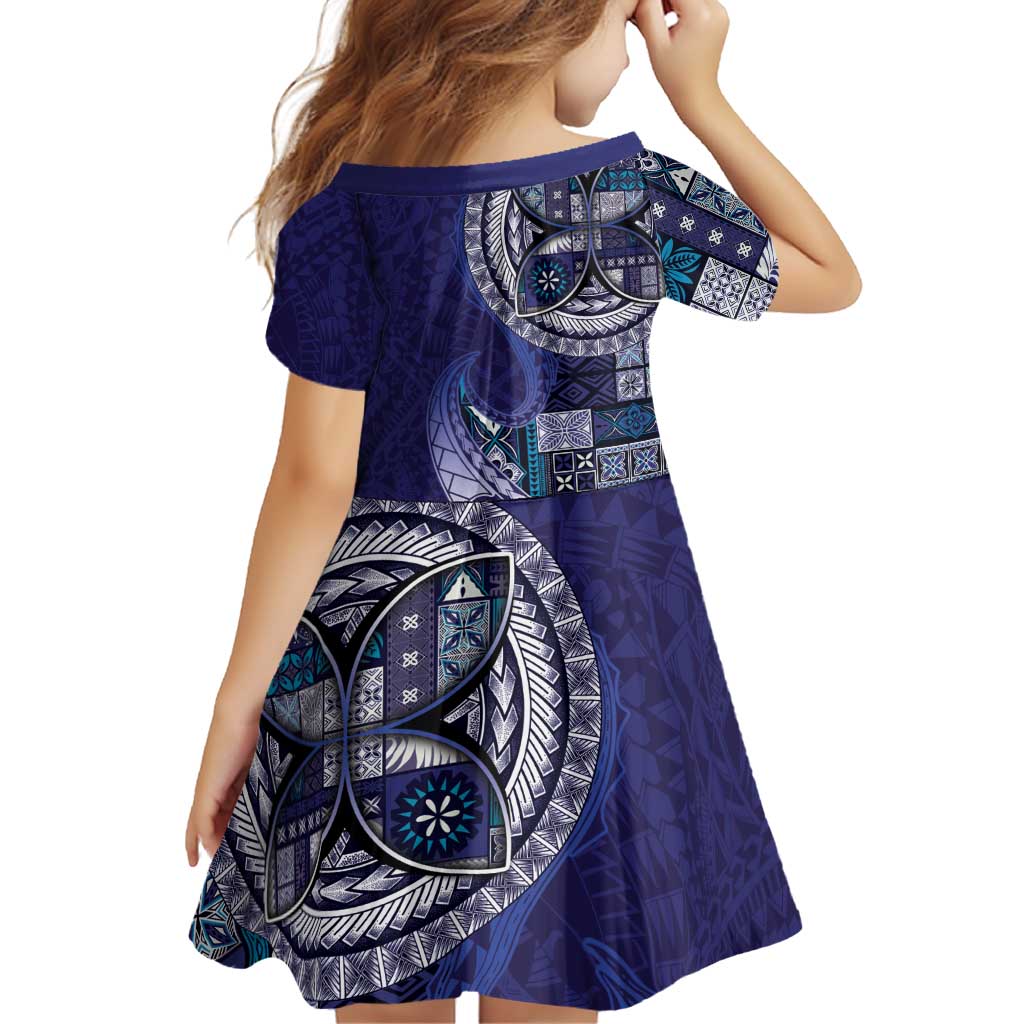 Samoan Siapo Art Tattoo Polynesian Pattern Family Matching Off Shoulder Short Dress and Hawaiian Shirt Navy Color LT03 - Polynesian Pride