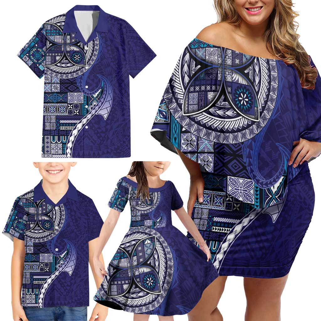Samoan Siapo Art Tattoo Polynesian Pattern Family Matching Off Shoulder Short Dress and Hawaiian Shirt Navy Color LT03 - Polynesian Pride