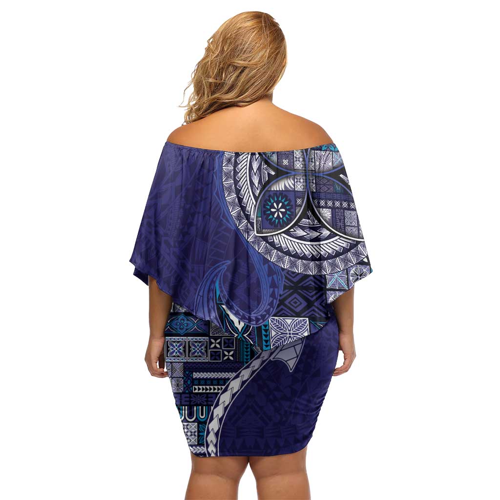 Samoan Siapo Art Tattoo Polynesian Pattern Family Matching Off Shoulder Short Dress and Hawaiian Shirt Navy Color LT03 - Polynesian Pride