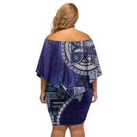 Samoan Siapo Art Tattoo Polynesian Pattern Family Matching Off Shoulder Short Dress and Hawaiian Shirt Navy Color LT03 - Polynesian Pride