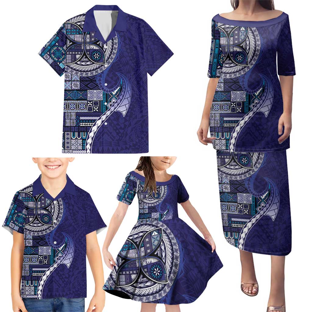 Samoan Siapo Art Tattoo Polynesian Pattern Family Matching Puletasi and Hawaiian Shirt Navy Color LT03 - Polynesian Pride