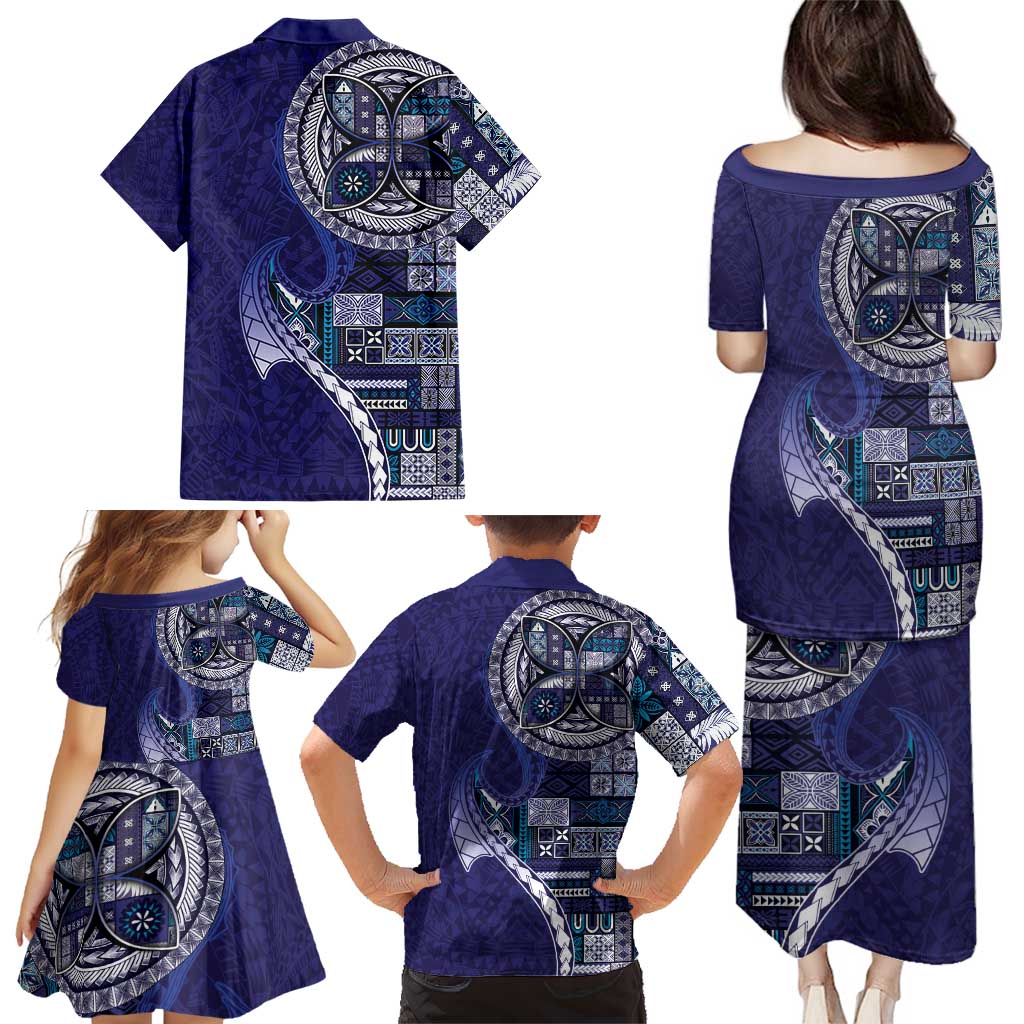 Samoan Siapo Art Tattoo Polynesian Pattern Family Matching Puletasi and Hawaiian Shirt Navy Color LT03 - Polynesian Pride