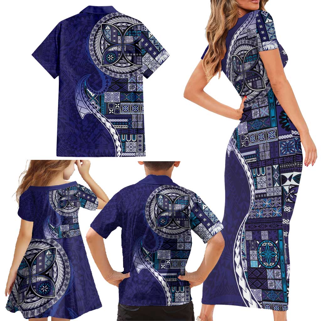 Samoan Siapo Art Tattoo Polynesian Pattern Family Matching Short Sleeve Bodycon Dress and Hawaiian Shirt Navy Color LT03 - Polynesian Pride