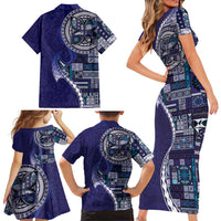 Samoan Siapo Art Tattoo Polynesian Pattern Family Matching Short Sleeve Bodycon Dress and Hawaiian Shirt Navy Color LT03 - Polynesian Pride