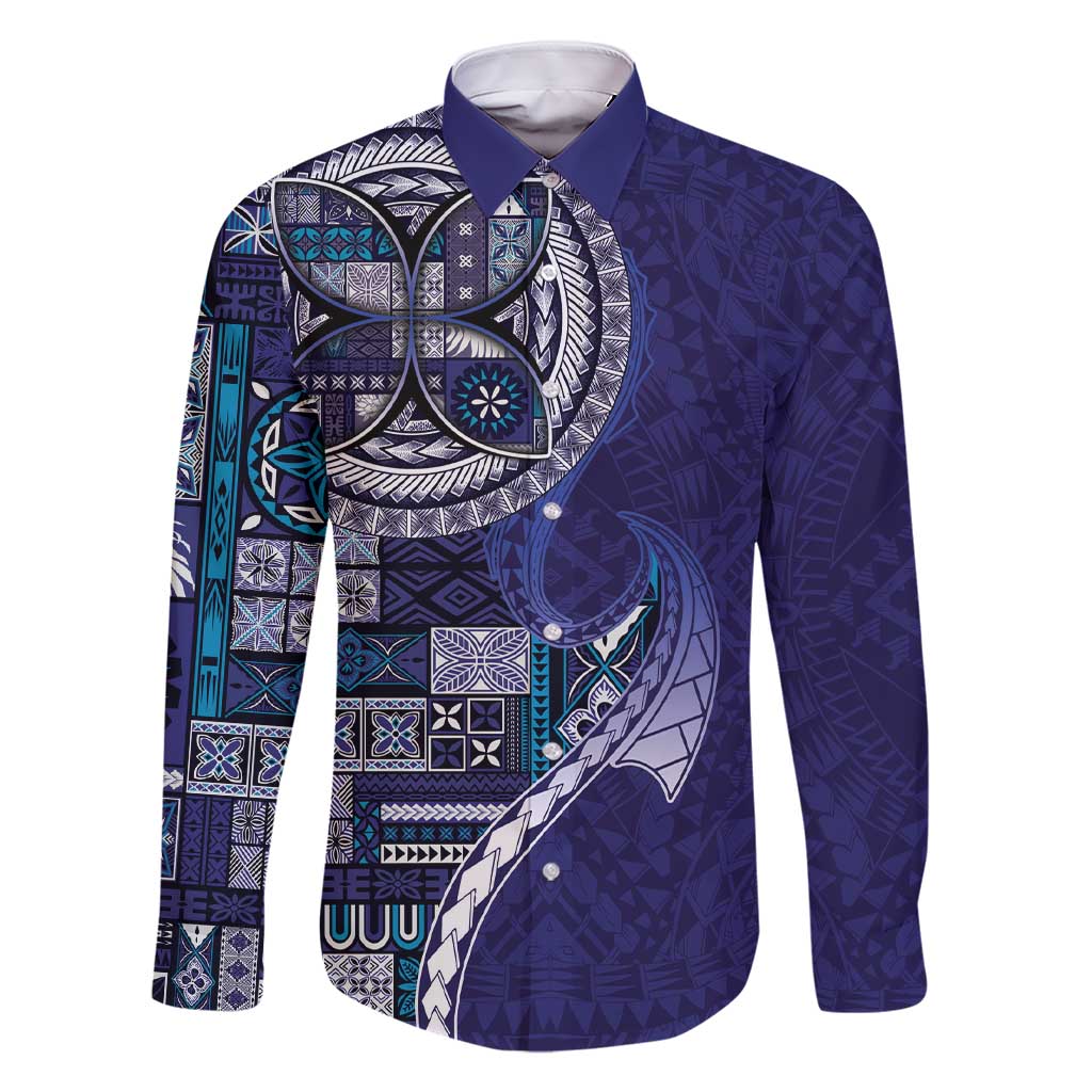 Samoan Siapo Art Tattoo Polynesian Pattern Family Matching Short Sleeve Bodycon Dress and Hawaiian Shirt Navy Color LT03 Dad's Shirt - Long Sleeve Navy - Polynesian Pride