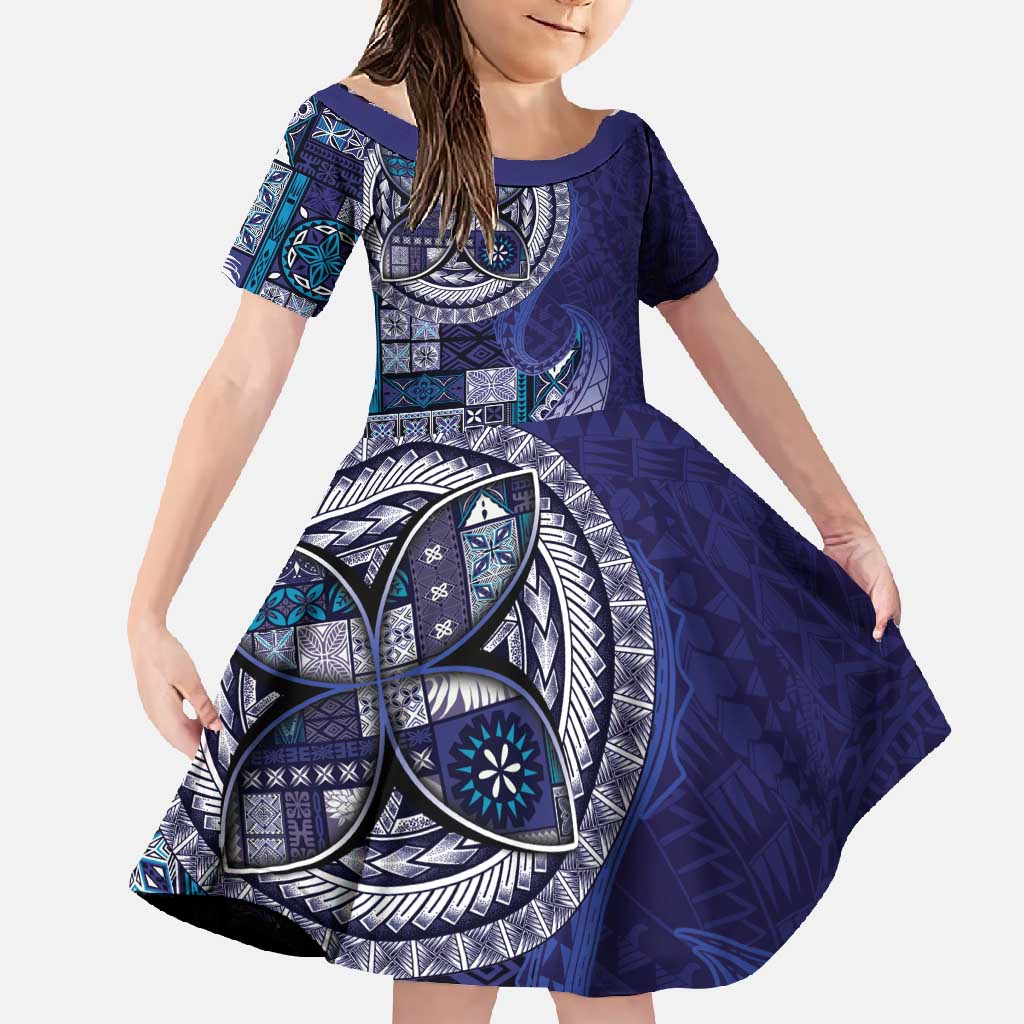 Samoan Siapo Art Tattoo Polynesian Pattern Family Matching Summer Maxi Dress and Hawaiian Shirt Navy Color LT03 Daughter's Dress Navy - Polynesian Pride