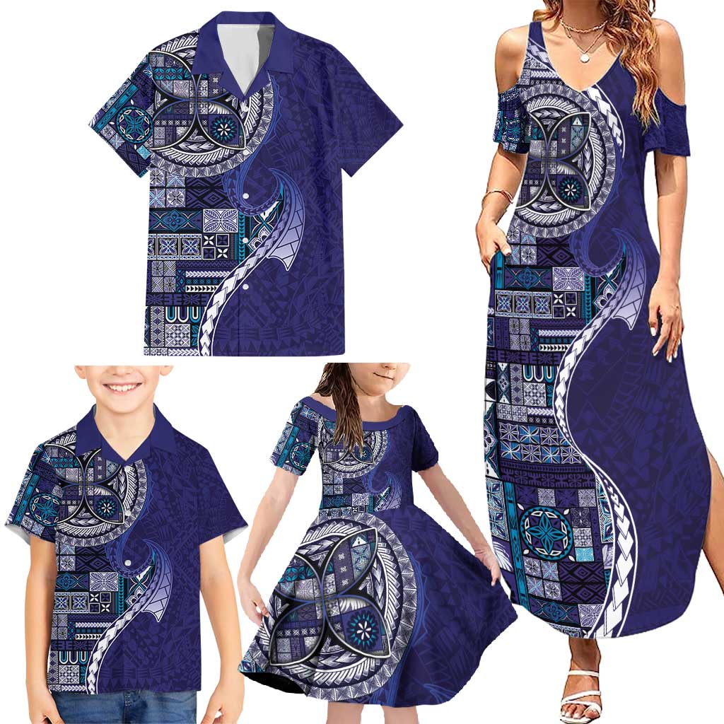 Samoan Siapo Art Tattoo Polynesian Pattern Family Matching Summer Maxi Dress and Hawaiian Shirt Navy Color LT03 - Polynesian Pride