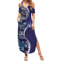 Samoan Siapo Art Tattoo Polynesian Pattern Family Matching Summer Maxi Dress and Hawaiian Shirt Navy Color LT03 Mom's Dress Navy - Polynesian Pride