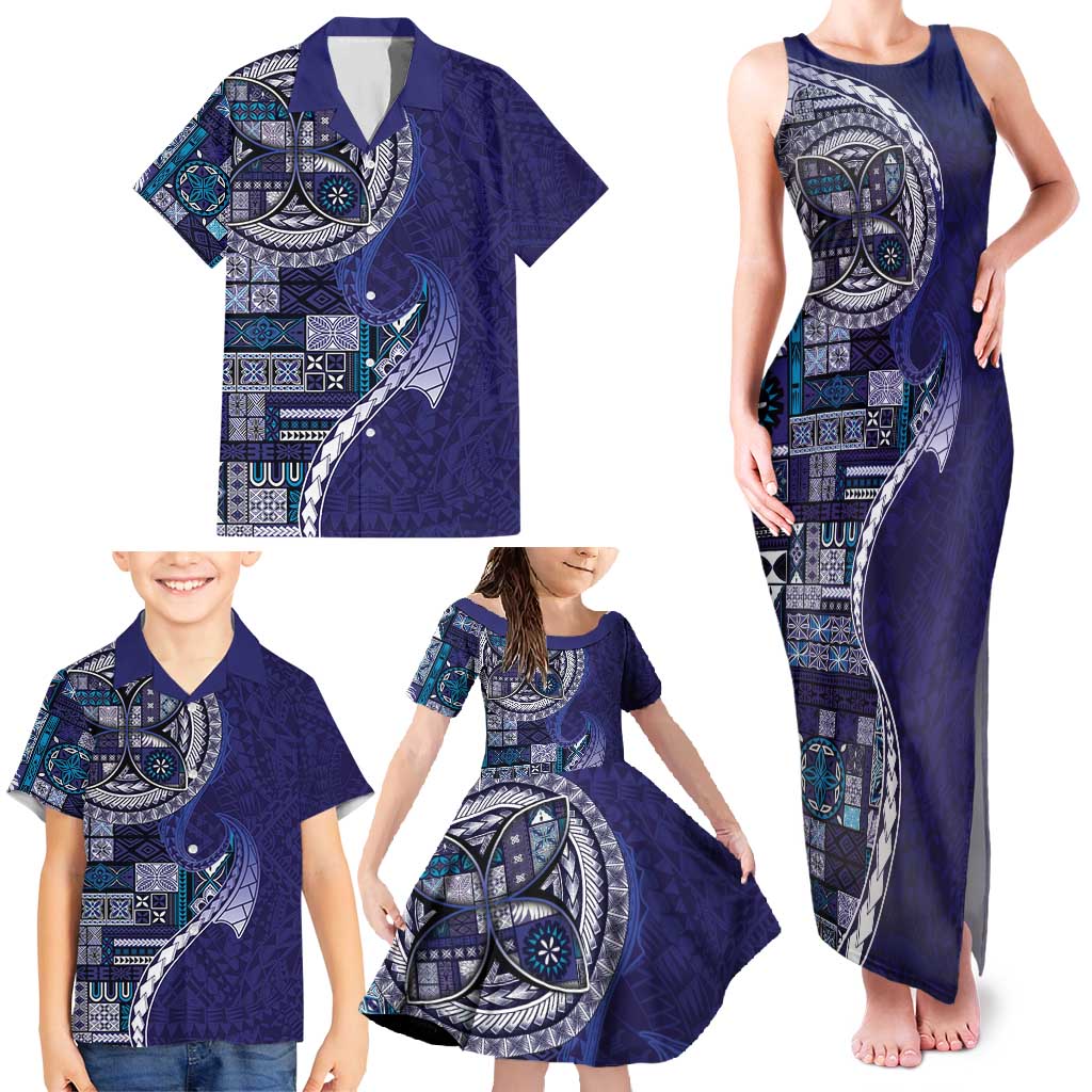 Samoan Siapo Art Tattoo Polynesian Pattern Family Matching Tank Maxi Dress and Hawaiian Shirt Navy Color LT03 - Polynesian Pride