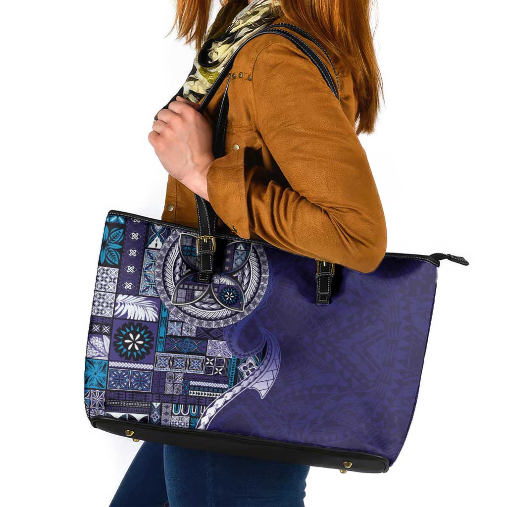 Samoan Siapo Art Tattoo Polynesian Pattern Leather Tote Bag Navy Color - Polynesian Pride