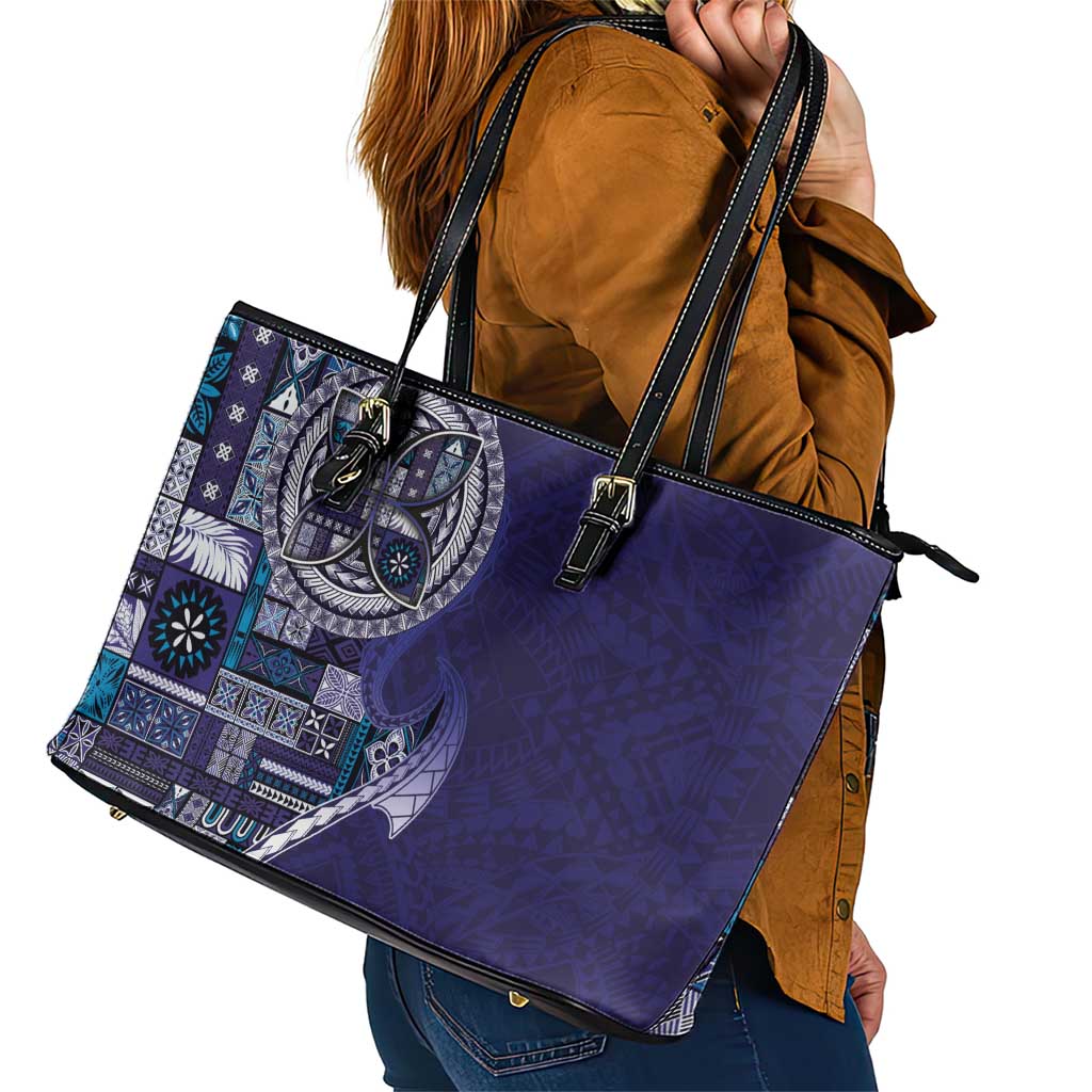 Samoan Siapo Art Tattoo Polynesian Pattern Leather Tote Bag Navy Color - Polynesian Pride