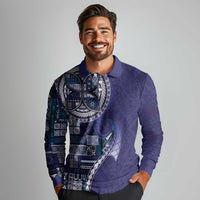 Samoan Siapo Art Tattoo Polynesian Pattern Long Sleeve Polo Shirt Navy Color - Polynesian Pride