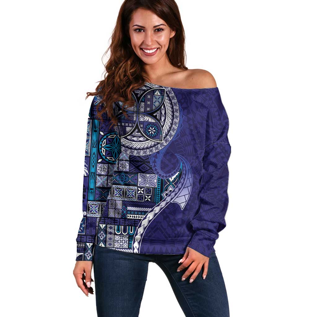 Samoan Siapo Art Tattoo Polynesian Pattern Off Shoulder Sweater Navy Color - Polynesian Pride