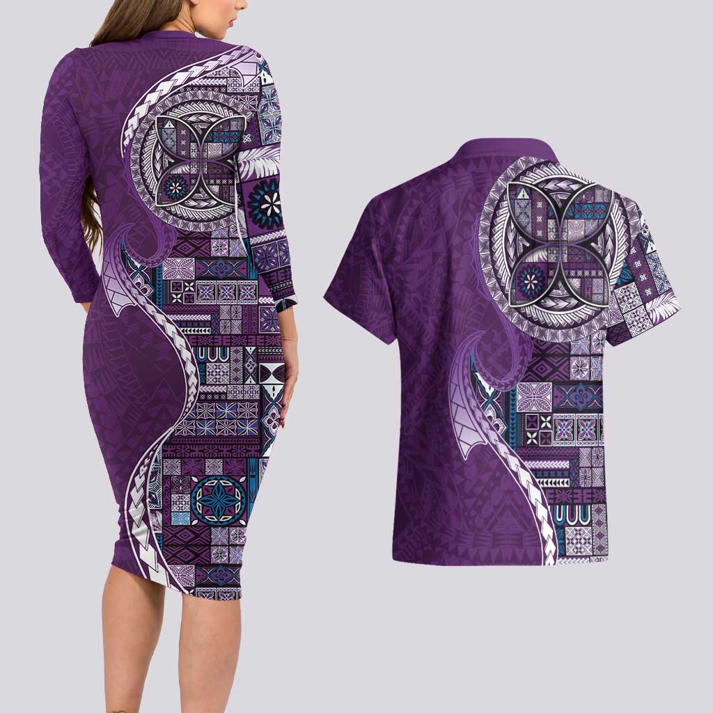 Samoan Siapo Art Tattoo Polynesian Pattern Couples Matching Long Sleeve Bodycon Dress and Hawaiian Shirt Purple Color LT03 - Polynesian Pride