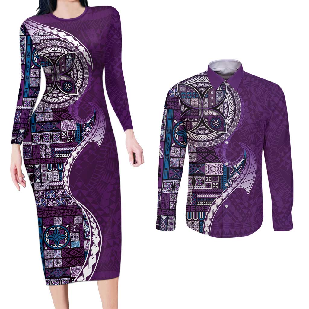 Samoan Siapo Art Tattoo Polynesian Pattern Couples Matching Long Sleeve Bodycon Dress and Long Sleeve Button Shirt Purple Color LT03 Purple - Polynesian Pride
