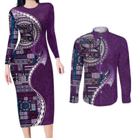 Samoan Siapo Art Tattoo Polynesian Pattern Couples Matching Long Sleeve Bodycon Dress and Long Sleeve Button Shirt Purple Color LT03 Purple - Polynesian Pride