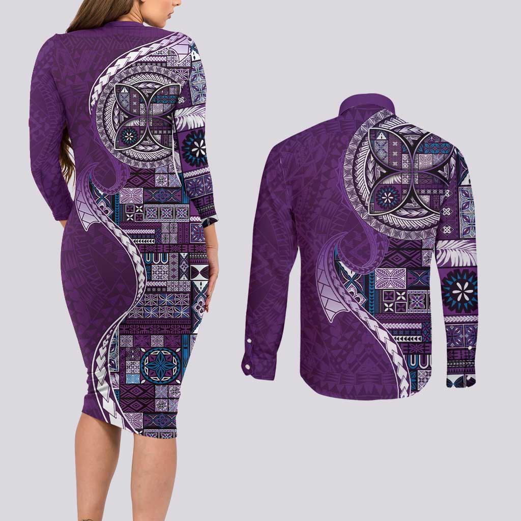 Samoan Siapo Art Tattoo Polynesian Pattern Couples Matching Long Sleeve Bodycon Dress and Long Sleeve Button Shirt Purple Color LT03 - Polynesian Pride