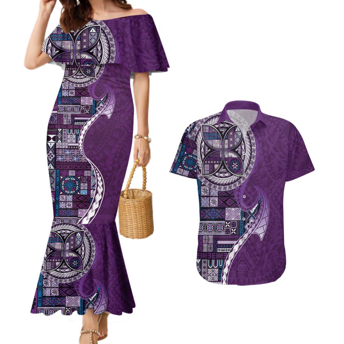 Samoan Siapo Art Tattoo Polynesian Pattern Couples Matching Mermaid Dress and Hawaiian Shirt Purple Color LT03 Purple - Polynesian Pride