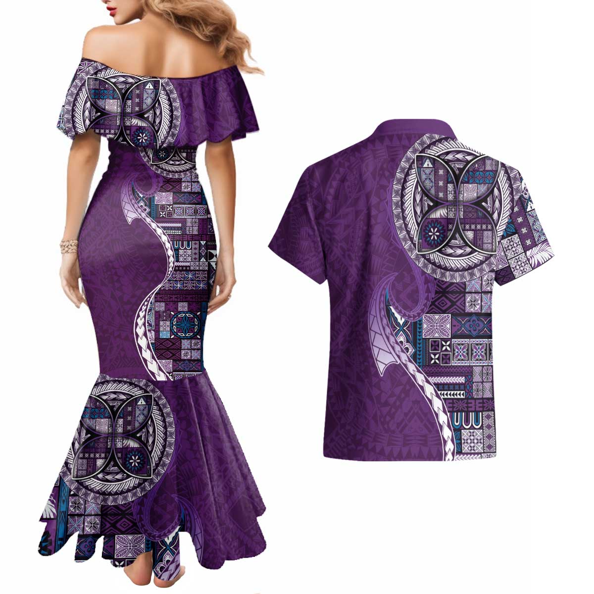 Samoan Siapo Art Tattoo Polynesian Pattern Couples Matching Mermaid Dress and Hawaiian Shirt Purple Color LT03 - Polynesian Pride