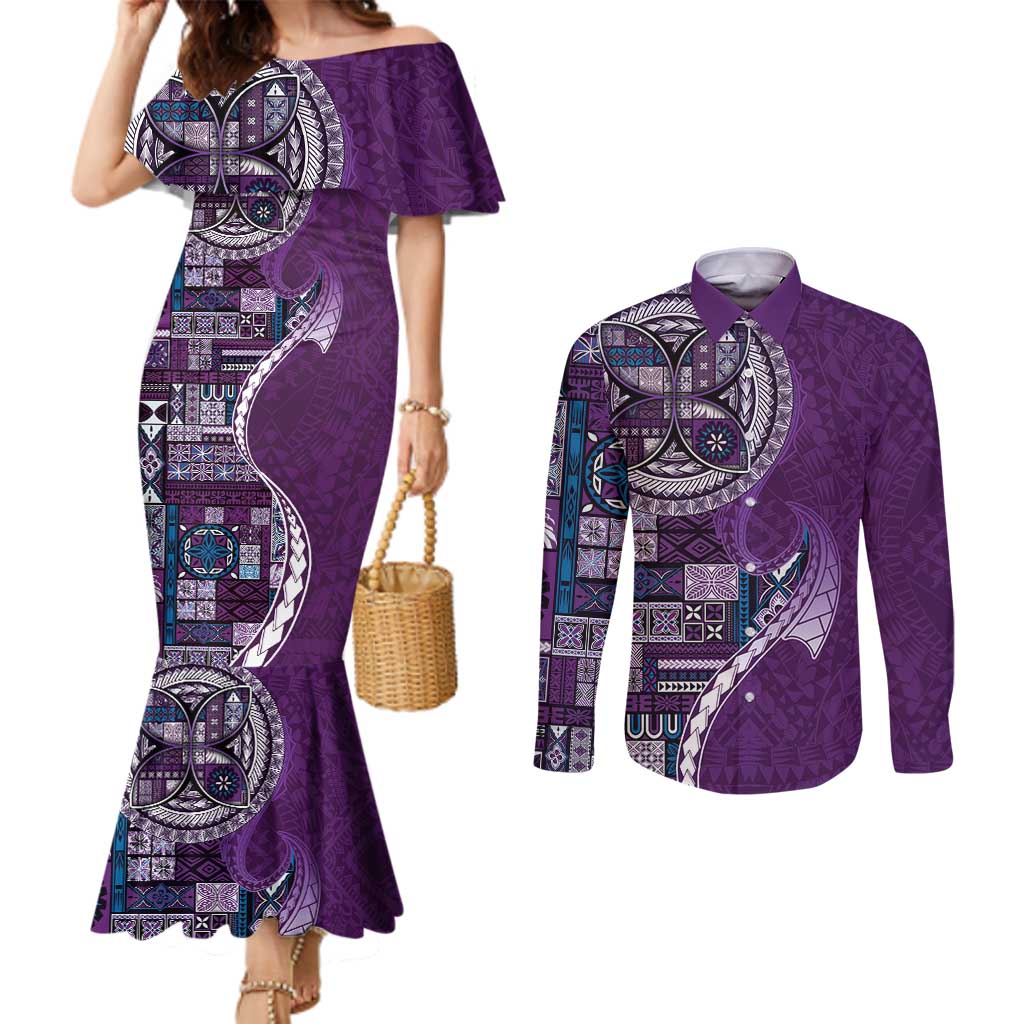 Samoan Siapo Art Tattoo Polynesian Pattern Couples Matching Mermaid Dress and Long Sleeve Button Shirt Purple Color LT03 Purple - Polynesian Pride
