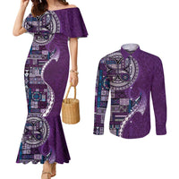 Samoan Siapo Art Tattoo Polynesian Pattern Couples Matching Mermaid Dress and Long Sleeve Button Shirt Purple Color LT03 Purple - Polynesian Pride