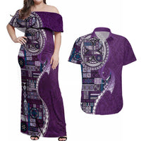 Samoan Siapo Art Tattoo Polynesian Pattern Couples Matching Off Shoulder Maxi Dress and Hawaiian Shirt Purple Color LT03 Purple - Polynesian Pride