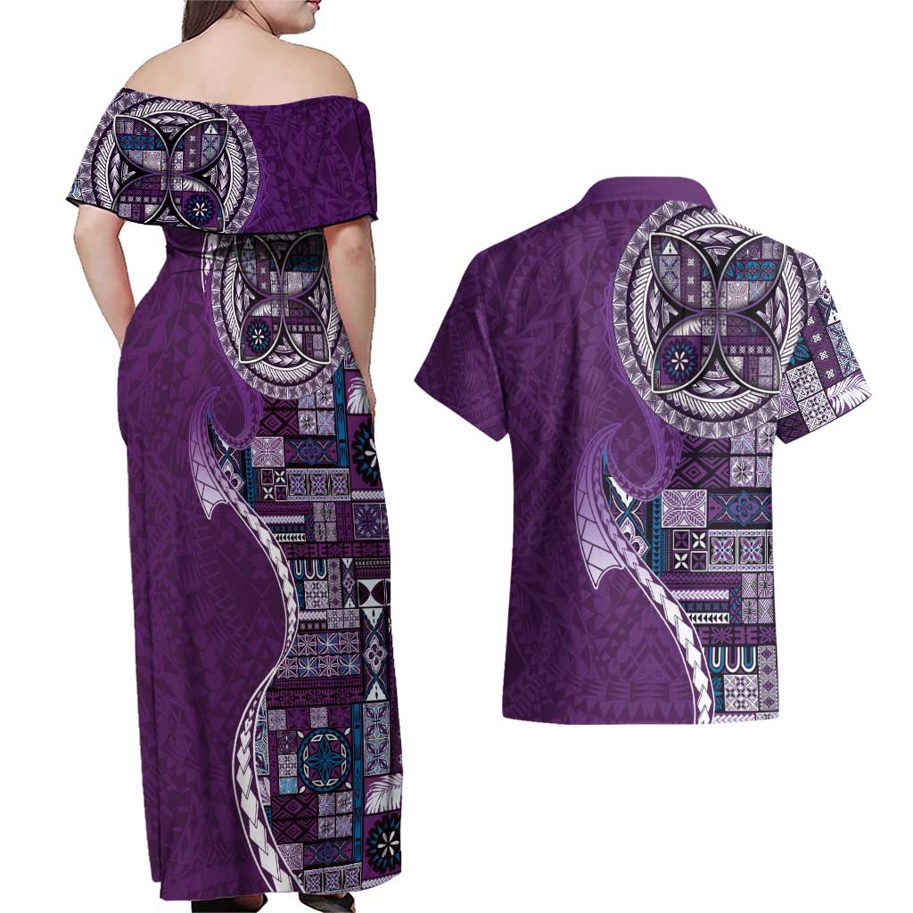 Samoan Siapo Art Tattoo Polynesian Pattern Couples Matching Off Shoulder Maxi Dress and Hawaiian Shirt Purple Color LT03 - Polynesian Pride
