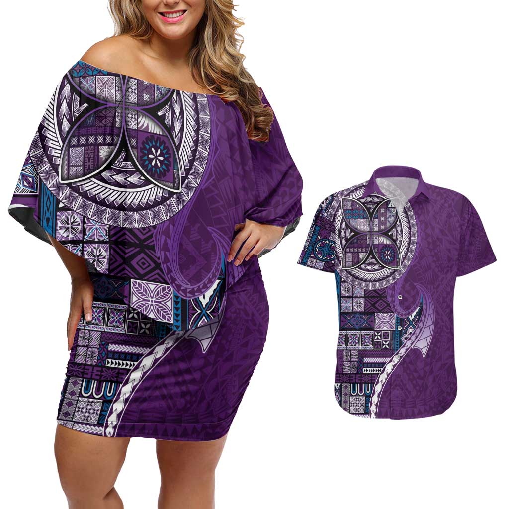 Samoan Siapo Art Tattoo Polynesian Pattern Couples Matching Off Shoulder Short Dress and Hawaiian Shirt Purple Color LT03 Purple - Polynesian Pride