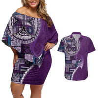 Samoan Siapo Art Tattoo Polynesian Pattern Couples Matching Off Shoulder Short Dress and Hawaiian Shirt Purple Color LT03 Purple - Polynesian Pride