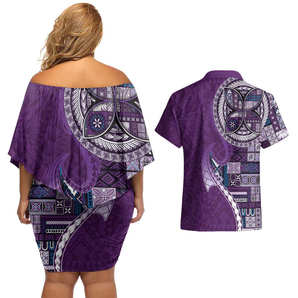 Samoan Siapo Art Tattoo Polynesian Pattern Couples Matching Off Shoulder Short Dress and Hawaiian Shirt Purple Color LT03 - Polynesian Pride